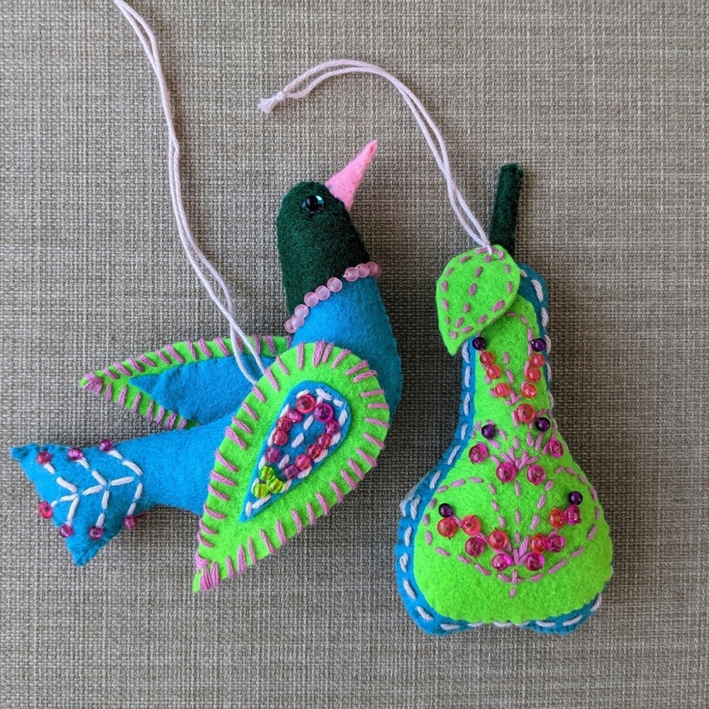 Handmade handcrafted felt ornaments birds embroidery beeds blue green